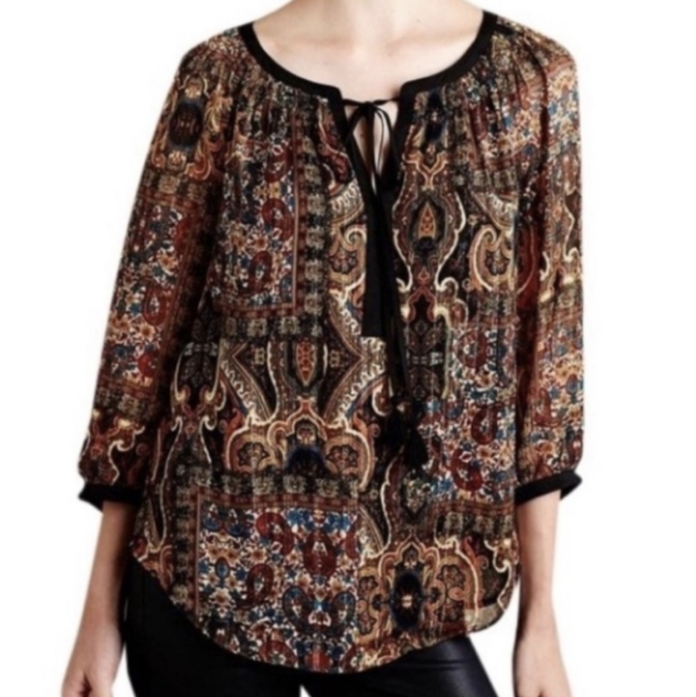 Anthropologie Meadow Rue Marya Peasant Blouse Tapestry Paisley Tassel Tie Boho S